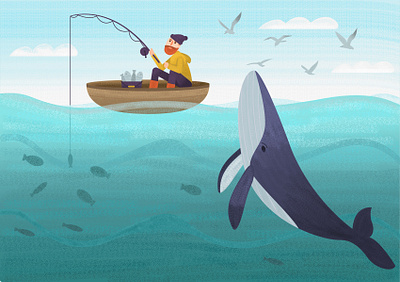 Fisherman and Whale 2d blue cartoon cartoon character character design fisherman fishes fishing flat grain illustration kids illustration mammals noise ocean sea seagulls turquoise vector whale