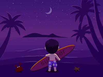 summer beach boy boys coconut tree evening illustration night sea seaside stars summer summertime surf surfboard surfing