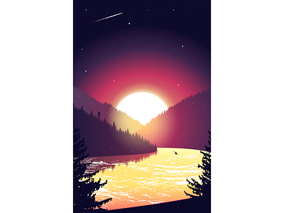 Nightfall color dawn design illustration landscape nature night nightfall sky sun sunlight trees vector water