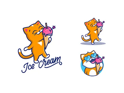 The logo sweet cat with text ice cream animal cartoon cat character design emblem flat food head cat ice cream illustration kawaii kids kitty lettering lineart logo summer sweet vector