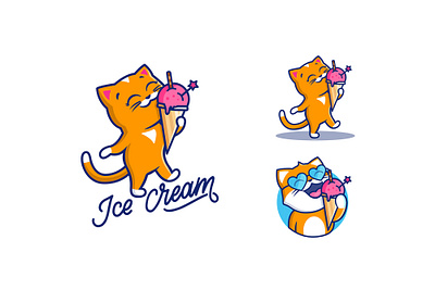 The logo sweet cat with text ice cream animal cartoon cat character design emblem flat food head cat ice cream illustration kawaii kids kitty lettering lineart logo summer sweet vector