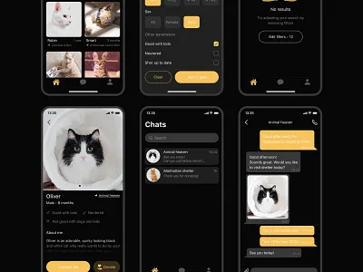 Pet care app | dark mode version adoption app application cat chat clean ui dark ui design dog donate figma ios minimal minimalistic mobile app pets simple clean interface ui ux yellow