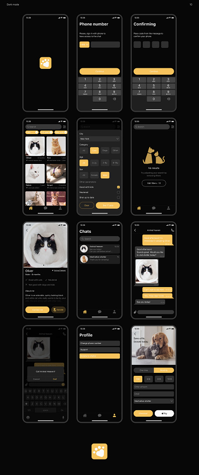 Pet care app | dark mode version adoption app application cat chat clean ui dark ui design dog donate figma ios minimal minimalistic mobile app pets simple clean interface ui ux yellow