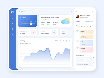 Health Care App activity blue calendar dashboad dashboard ui fitness health healthcare light linechart minimal reminder weather web