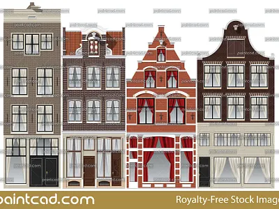 Canal houses with different gables. Set of 4 Amsterdam facades bell gable building clock gable cornice gable step gable