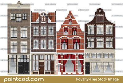 Canal houses with different gables. Set of 4 Amsterdam facades bell gable building clock gable cornice gable step gable