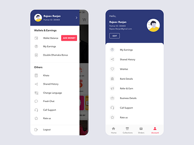 My account & left drawer menu account addmoney android android app design clean design left drawer minimal profile ui