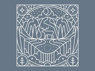 In Touch Magazine badges clouds deer editorial flat geometric graphic illustration linework minimal monoline mountains pattern stamps vector water
