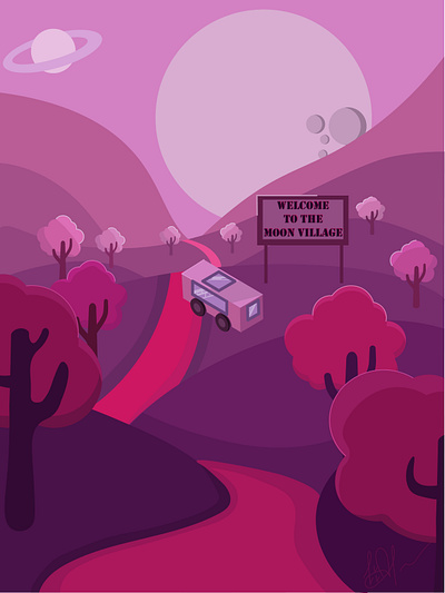 Moon village car forest hills landscape moon nature pink sky sunset travel trees trip van vector vector illustration village violet