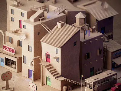 Cardboard neighborhood 3d cardboard concept art enviroment illustration low poly lowpoly lowpolyart