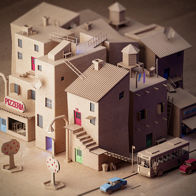 Cardboard neighborhood 3d cardboard concept art enviroment illustration low poly lowpoly lowpolyart