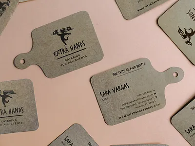Extra Hands Business Cards branding business cards businesscard catering chef cutting board ecofriendly ecologic food kraft kraft paper natural pastel color print print design product photography recycle recycling restaurant rustic