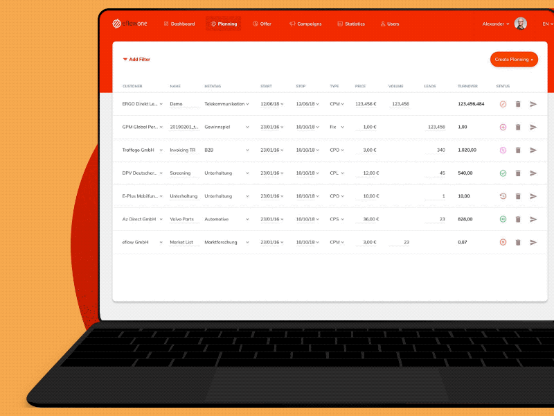 eflow animation dashboad filtering search ui web design