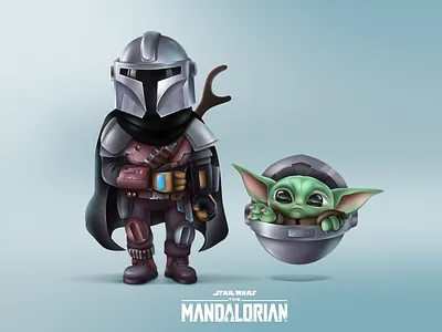 Mandalorian and Child 3d 3d art baby yoda character child clean design digitalart disney helmet illustration mandalorian starwars weapon yoda
