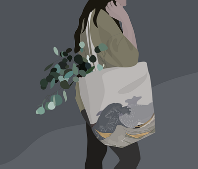 carrying a whole life in a tote bag app art design flat girl great wave illustration illustrator kanagawa minimal plants tote bag totebag ui vector web