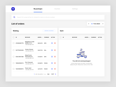 Couriers ordering- List view app data table design list logo minimal navigation ordering search search bar table ui web web app web application