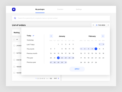 Couriers ordering- Calendar app button courier cta data table delivery design list minimal ordering search ui web app web application