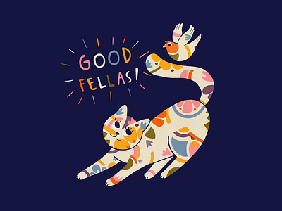 Good Fellas! cat and bird friends friendship gif good fellas good friends illustration modern pattern pattern procreate