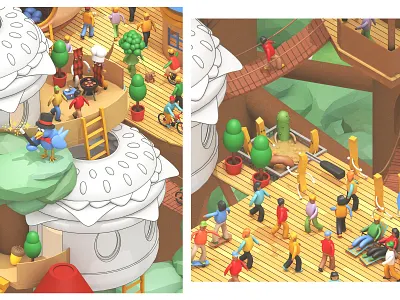 Red Robin Burger Forest 3d 3d illustration bird bridge c4d cheeseburger forest fries hot tub magic bird model people pickles red robin render trees woods
