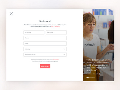 Timely book a call overlay appointment contact form design saas sign up ui web website