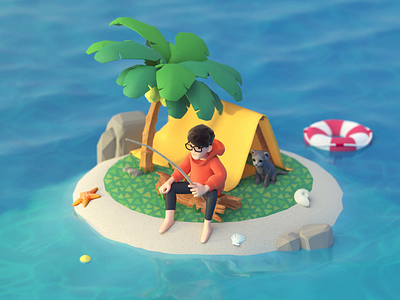 Island fishing animal animal crossing animation cat character characters cinema4d conch fishing illustration island liftbelt low poly sea shell tree water