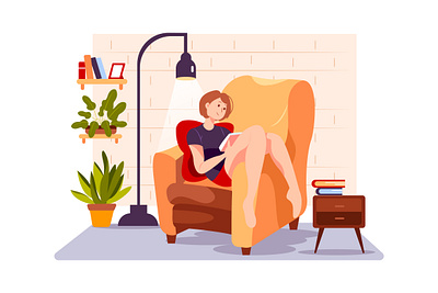 The girl is reading novel on the couch branding business communication design freelance home illustration interface remote remotely stay at home teamwork together vector work workplace workshop