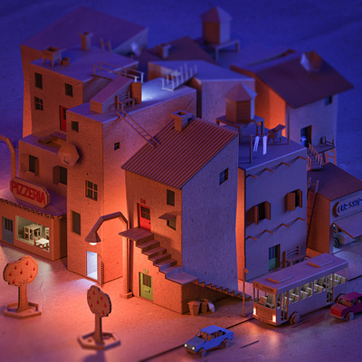 Cardboard neighborhood - night version 3d cardboard cartoon cartoon illustration illustration low poly low poly art lowpoly lowpolyart render