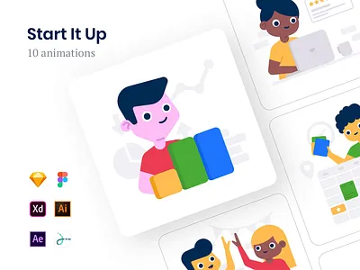 Start It Up Animations analytics animation assets branding data drawer freebie illustration kit landing lottie product review schedule startup team teamwork ui vector web