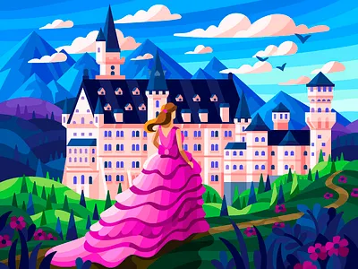 Neuschwanstein Castle castle coloring book flowers gallery game illustration girl gorgeous illustration pink dress princess romantic spring summer vector vector illustration
