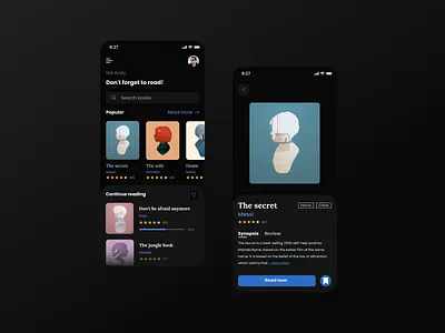 Reading App book clean dark dark app darkmode design minimalist mobile mobileapp mobiledesign reading typography ui ui design uiux ux