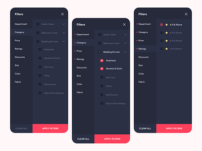 Apply Filter Screens : E-Commerce Platform (Dark) account android apply filters clean dark dark mode dark theme dark ui design filter filters iphone minimal ui