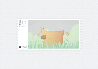 stamp - the cow and the crane 3d 3d artist animals blender design designer gradient graphic minimal nature postal srilanka stamp