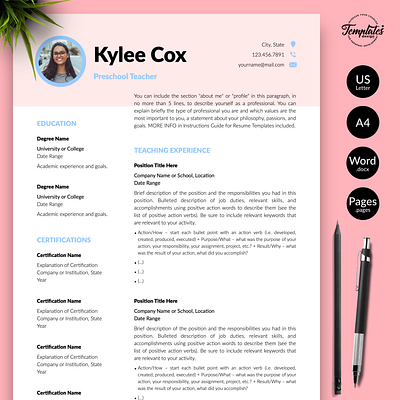 Teacher Resume for Word & Pages “Kylie Cox” cv with cover modern resume one page resume preschool resume word preschool teacher preschool teacher resume professional cv resume for teacher resume for word resume template resume with photo teacher cv template teacher resume teaching resume two page resume word cv for teacher word teacher cv word teacher resume word teaching cv word teaching resume