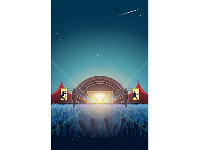 Rock Music festival artists color design festival illustration landscape lasers light music night people performance rock sky stars vector