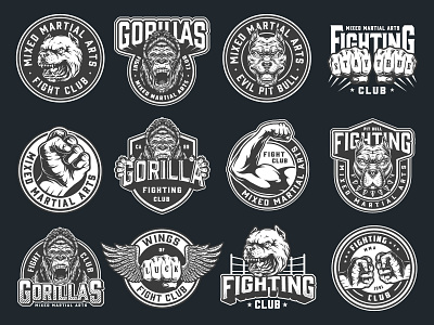 Fighting Logo Templates adobe illustrator apparel design dog fight fight club fighting fists gorilla graphic graphic design logo logo design martial arts monochrome sport vector vector illustration vintage