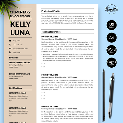 Teacher Resume for Word & Pages “Kelly Luna” 1 page resume 2 page resume cv for teachers cv for teaching jobs modern resume preschool cv word preschool teacher professional resume resume for job resume for teacher resume for word resume template resume with cover school teacher cv school teacher resume teacher cv template teacher resume teaching resume word teacher cv word teacher resume