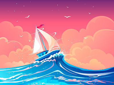 Ship cloud decorative illustration evening gulls illustration illustrations inspiration journey nature illustration pink sailing boat sea sea sunset seascape summer sunset vector vector artwork wind