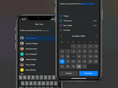 Dark Mode Mobile Tasks android collaboration crm dark dark app dark mode dark ui date picker datepicker ios light mode mobile product tasks to do todo ui ux