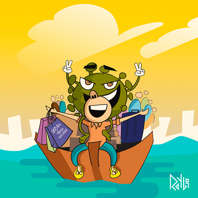 Corona Will Come Home boat cartoon character cloud color concept corona covid19 crowd debut eid going home people river shopping vacation