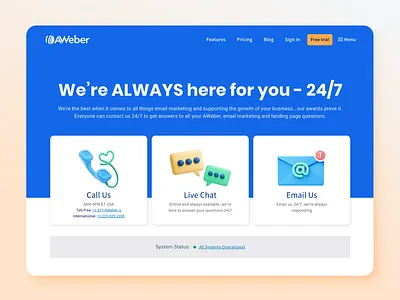 AWeber Contact Us Page chat contact contact us design email form iconography icons illustration landing page phone product render saas status