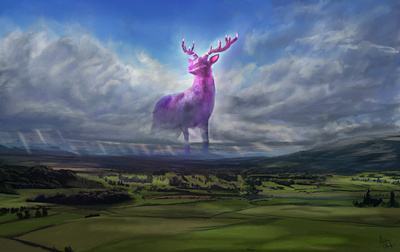 Sentinel of the Oaken Valley celestial creature design deer fantasy landscape sentinel worldbuilding