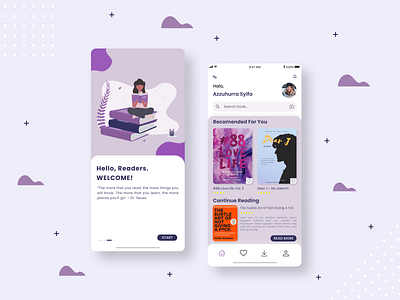 Book Mobile App book bookapp bookstore figma girl character illustration mobile app mobile app design mobile design mobile ui purple reading app ui ui ux design ui design vector illustration