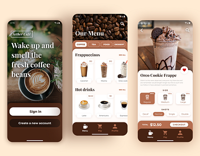 Aether Café Mobile App android app branding coffee coffee shop concept delivery ecommerce figma mobile mobile design shopping starbucks ui ux