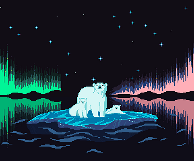 The Long Night aurora illustration northernlights pixel pixelart pixelartist pixels polarbear ursa ursamajor ursaminor