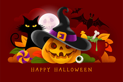 Happy Halloween background banner bat black candy cat cauldron cute dusk greeting halloween happy jack o lantern moon potion pumpkin red trick or treat vector witch