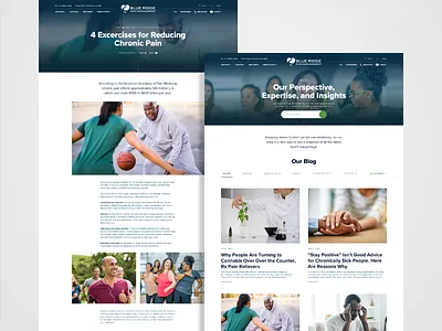 Blue Ridge Pain Management - redesign pt. 2 article page blog blue blue and white desktop design excercise green grid design header hero image landing page medical modular design ui wordpress