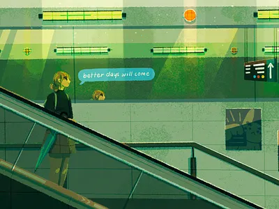 better days will come alone anime city concept art digital art emotion exploration girl illustration japan journey mood personal sketch train transport travel umbrella