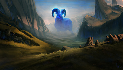 Sentinel of the Kartarjie Stones celestial creature creature design creaturedesign fantasy fantasy art landscape ram worldbuilding