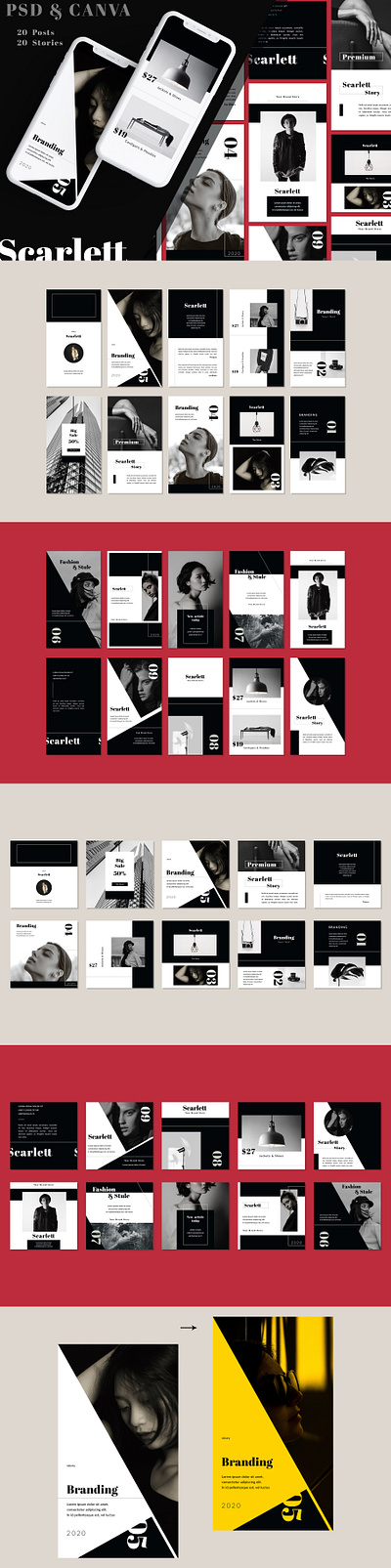 Scarlett - Instagram Templates banner black white blog branding canva canva template design instagram instagram banner instagram post instagram stories instagram template photoshop post social media stories story template