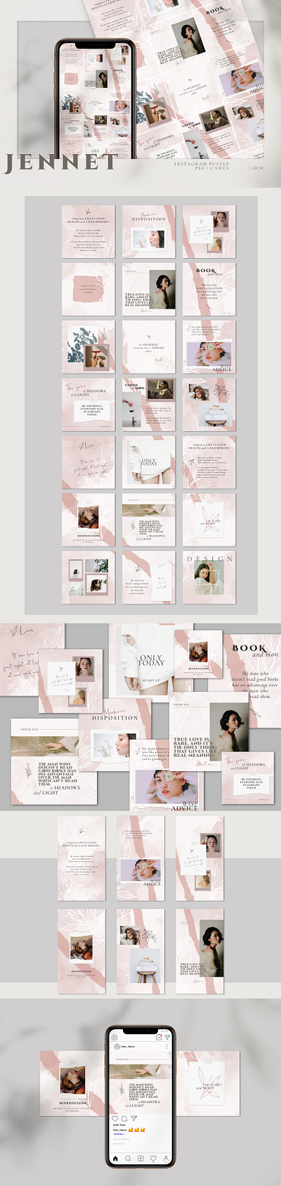 JENNET Instagram Puzzle | PSD&CANVA banner blog branding canva canva template design feminine feminine design instagram instagram banner instagram post instagram puzzle instagram stories instagram template photoshop puzzle puzzle template social media template torn paper